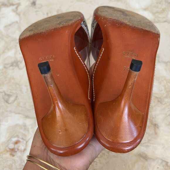 Gucci Vintage Beige/Brown GG Canvas, Leather & PVC Criss Cross Heeled Sandals - Picture 10 of 12